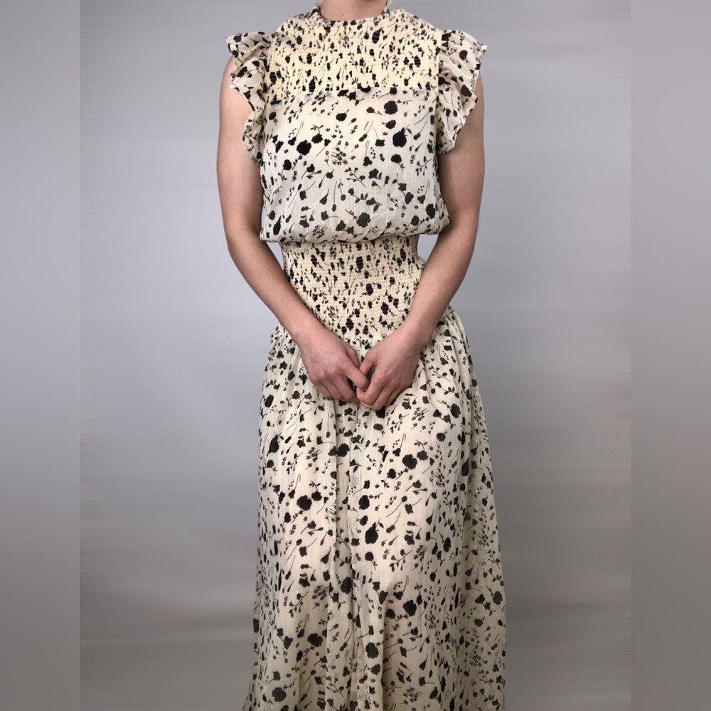 NWT Lulus Sweet Shimmer Cream Floral Print Smocked Maxi Dress Small - Picture 1 of 8